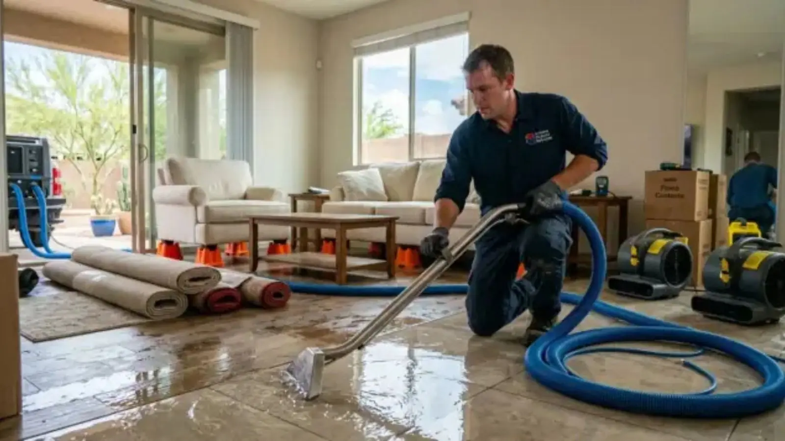 Technician extracting standing water with a hose while air movers run in a living room