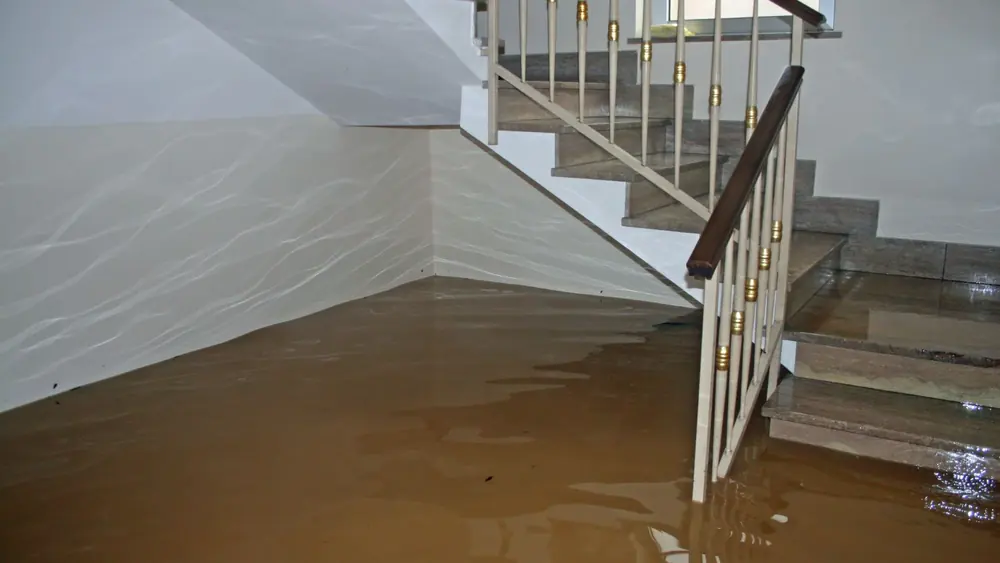 Flooded lower level with water covering the floor at the foot of a staircase