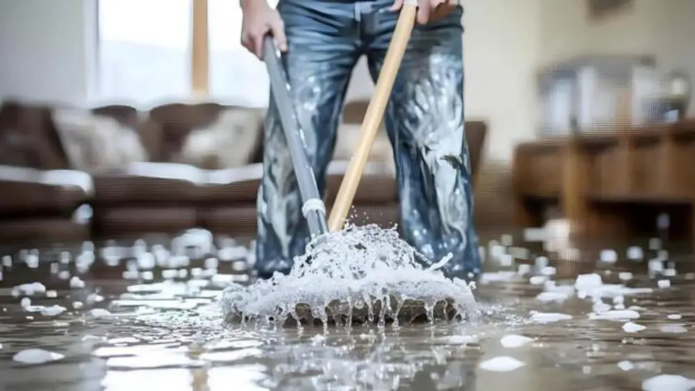 Worker mopping a wet floor during water damage cleanup