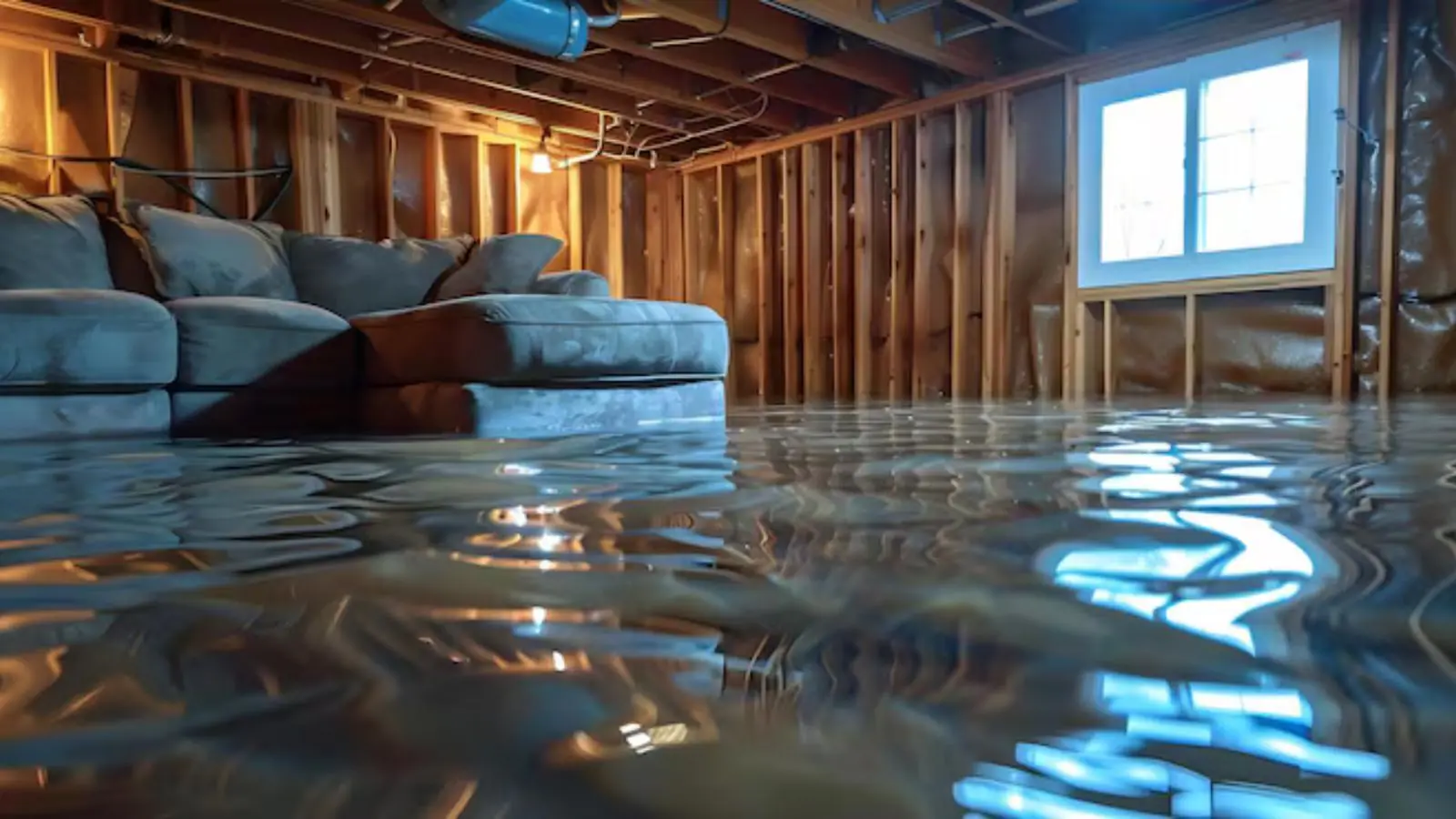 Basement floor with standing water and wet wood framing