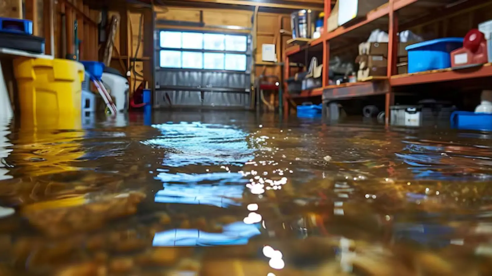 Flooded garage with shelving and storage bins standing in water