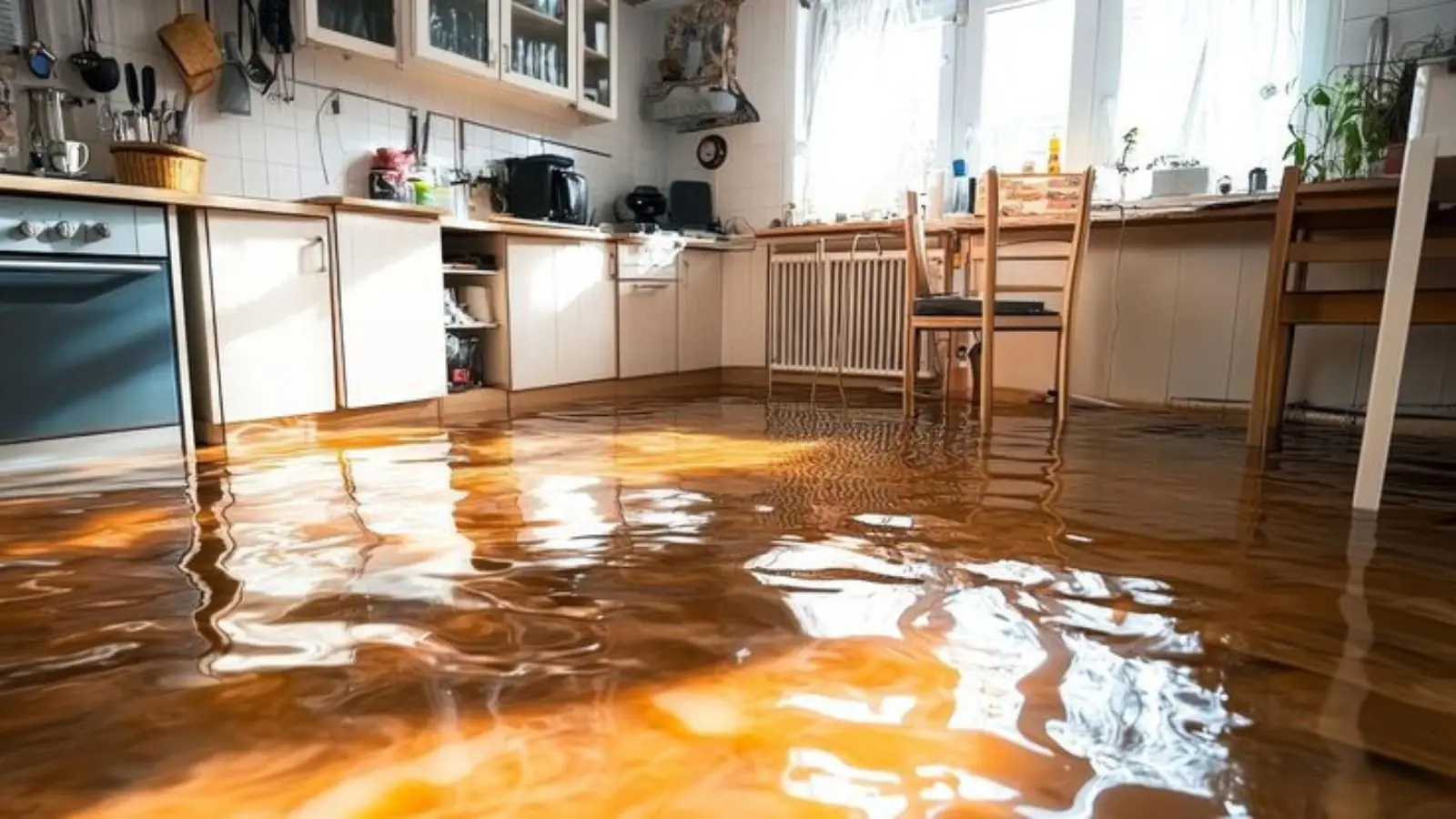 Flooded apartment kitchen and dining area with water across the floor