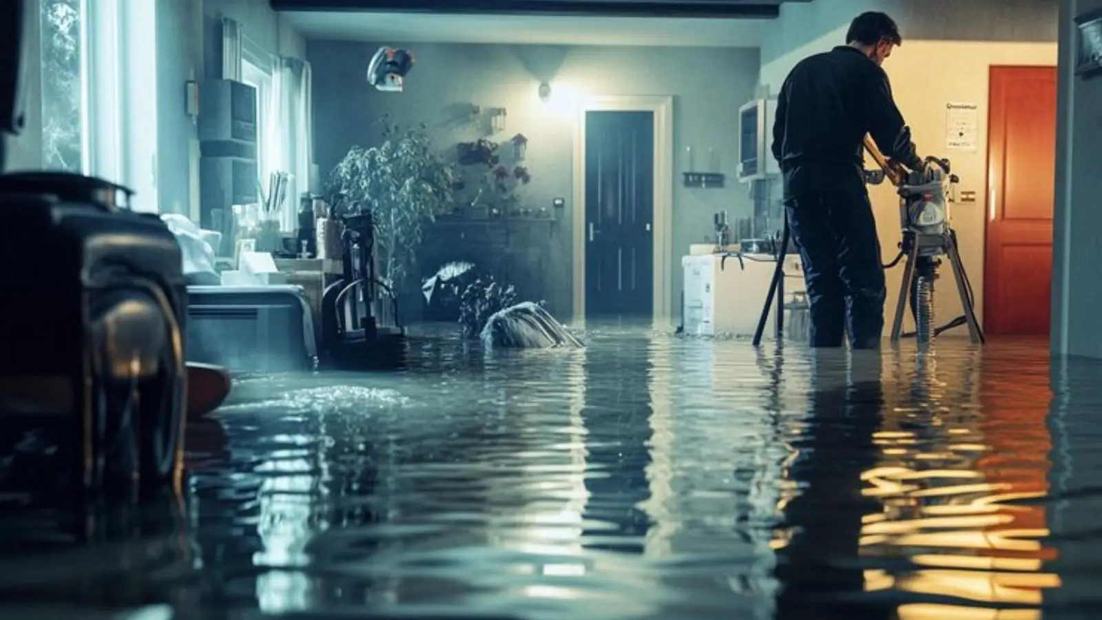 Technician working with drying equipment in a flooded room during water mitigation